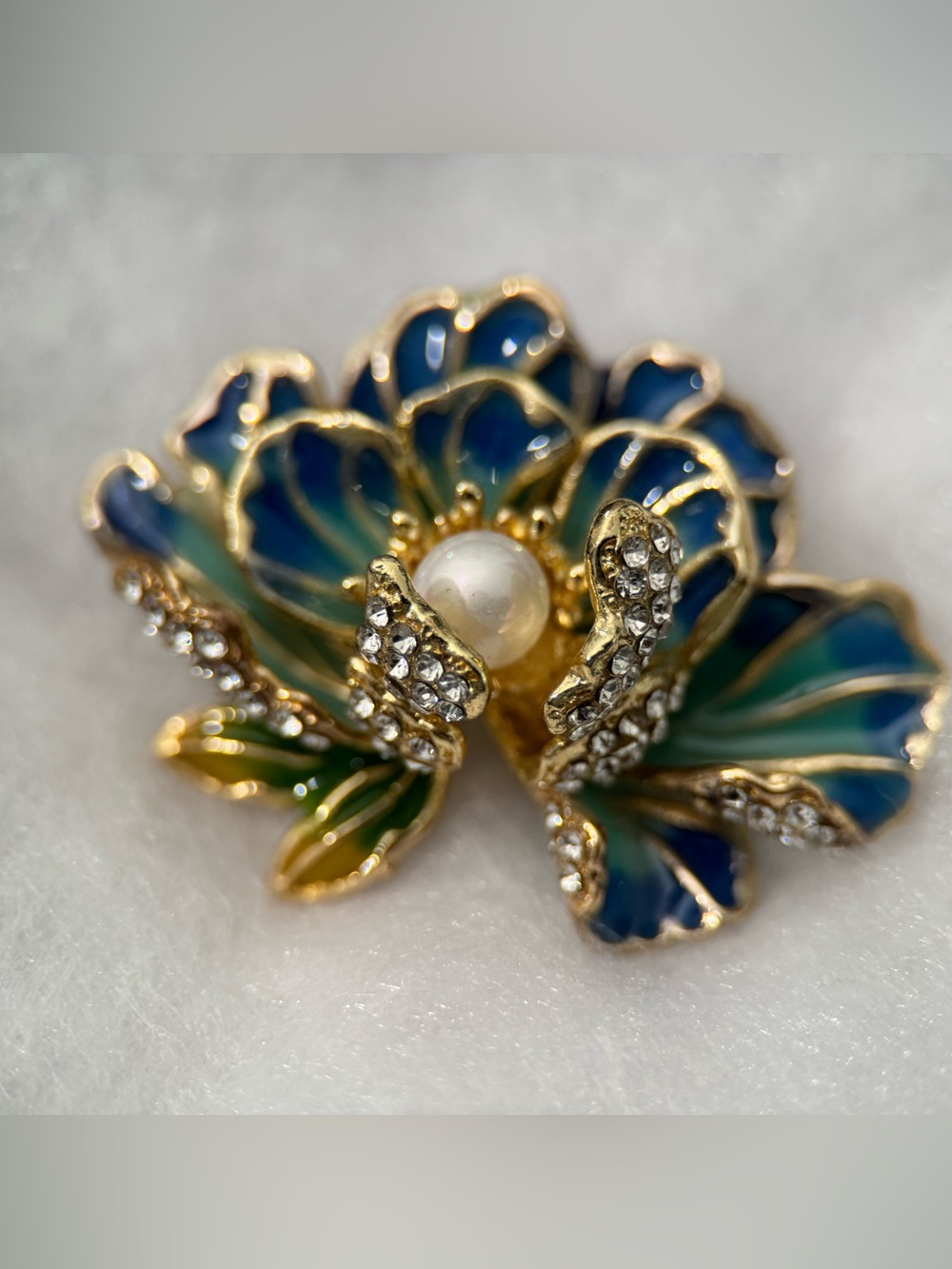 Floral Enamel Brooch with Blue-Green Petals, Pearl & Crystals